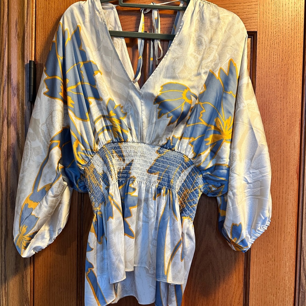 White House Black Market Floral Blouse - Blue and Yellow